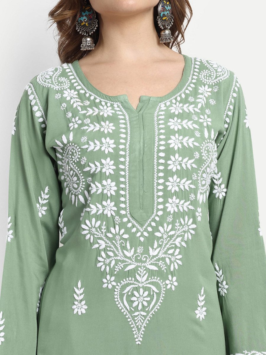 ADA Ethnic Motifs Embroidered Chikankari Kurta with Trousers | Swadesiicart