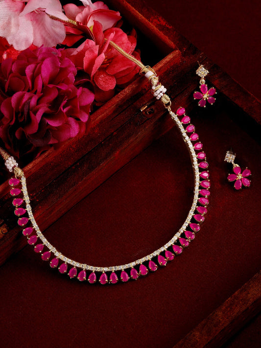 Gold-Polished Alloy Ruby Colour Ad Choker Necklace - The Pari | Swadesiicart