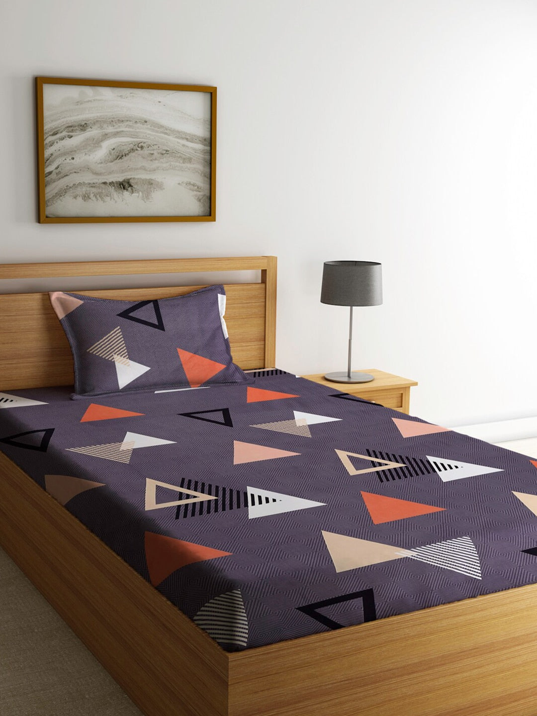 Home Sizzler Grey & White Geometric 144 TC Single Bedsheet with 1 Pillow Covers - Swadesiicart
