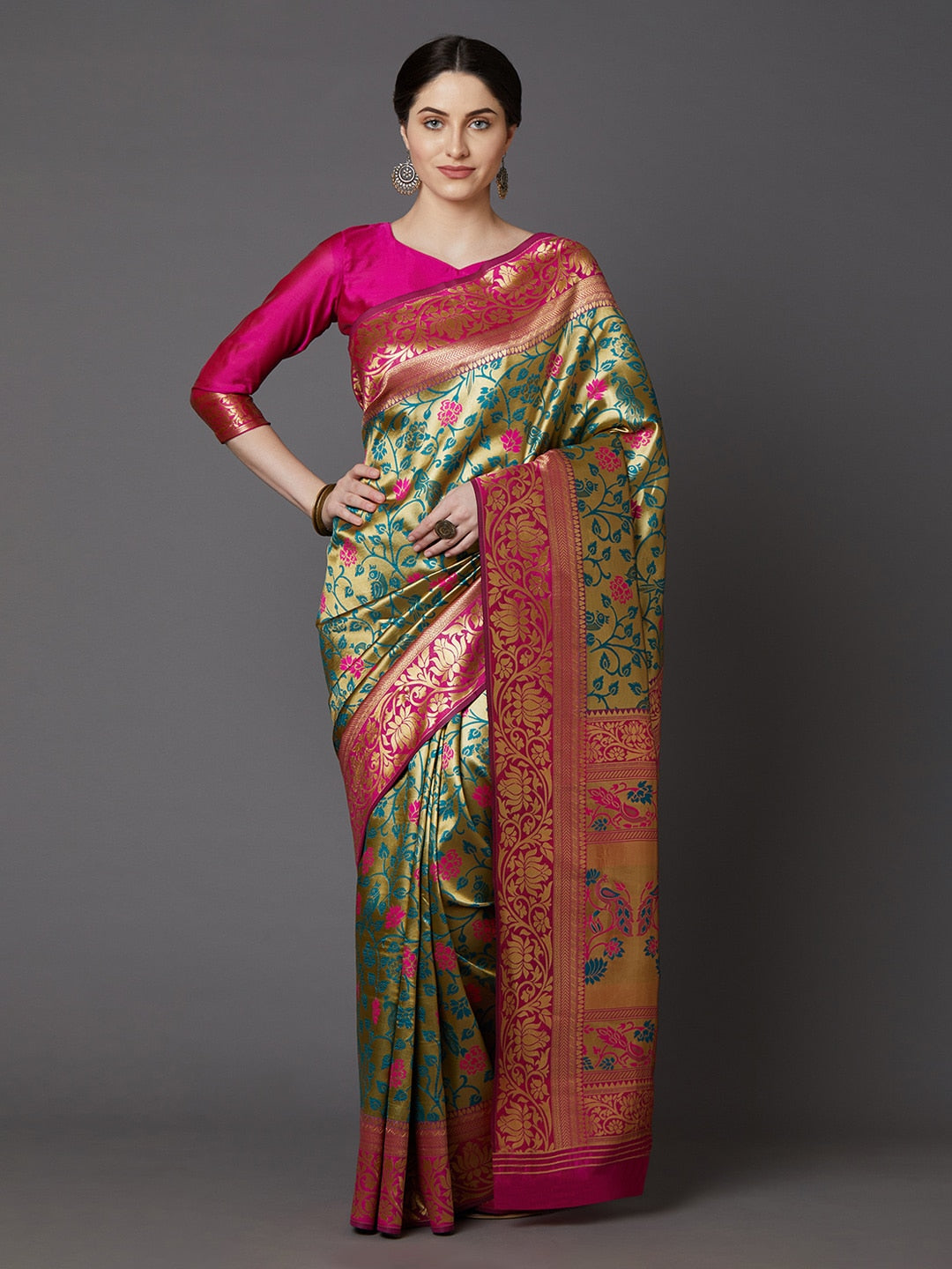 Mitera Green & Blue Silk Blend Woven Design Banarasi Saree | Swadesiicart