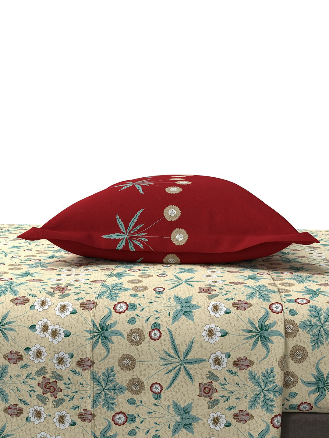 MYTRIDENT Beige Green Floral Cotton 144 TC Queen Bedsheet With 2 Pillow Covers - Swadesiicart