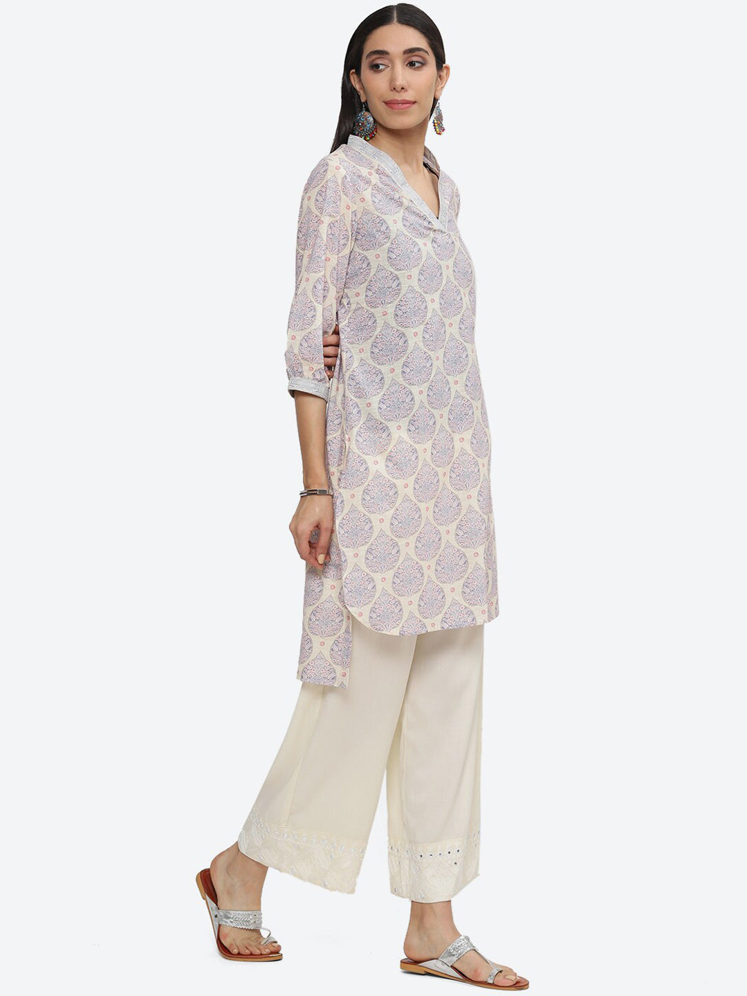 Biba V-Neck Ethnic Motifs Printed Pure Cotton Kurta - Swadesiicart