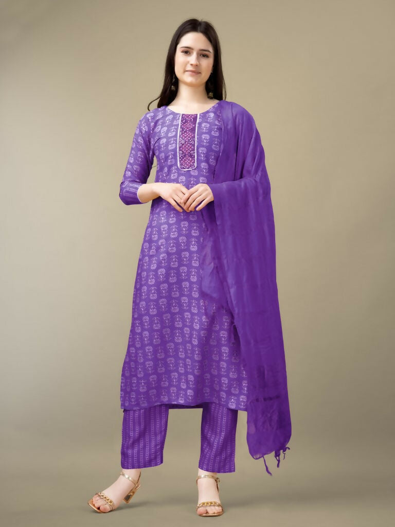 Jyoti Fashion Women's Purple Rayon Embroidery & Sequence work Kurta with Trouser & Dupatta | Swadesiicart
