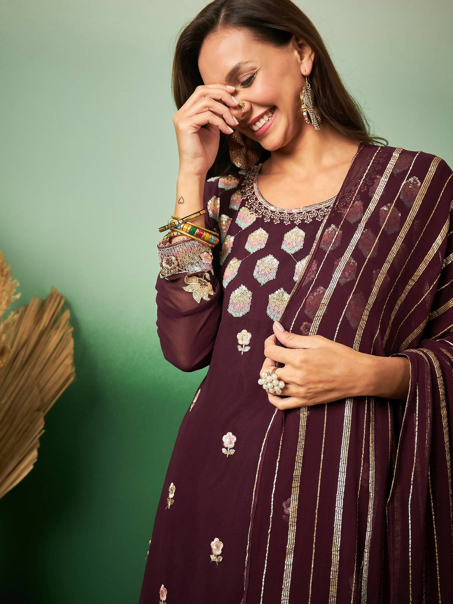 Wine Georgette Handwork Unstitched Dress Material - Hanika | Swadesiicart