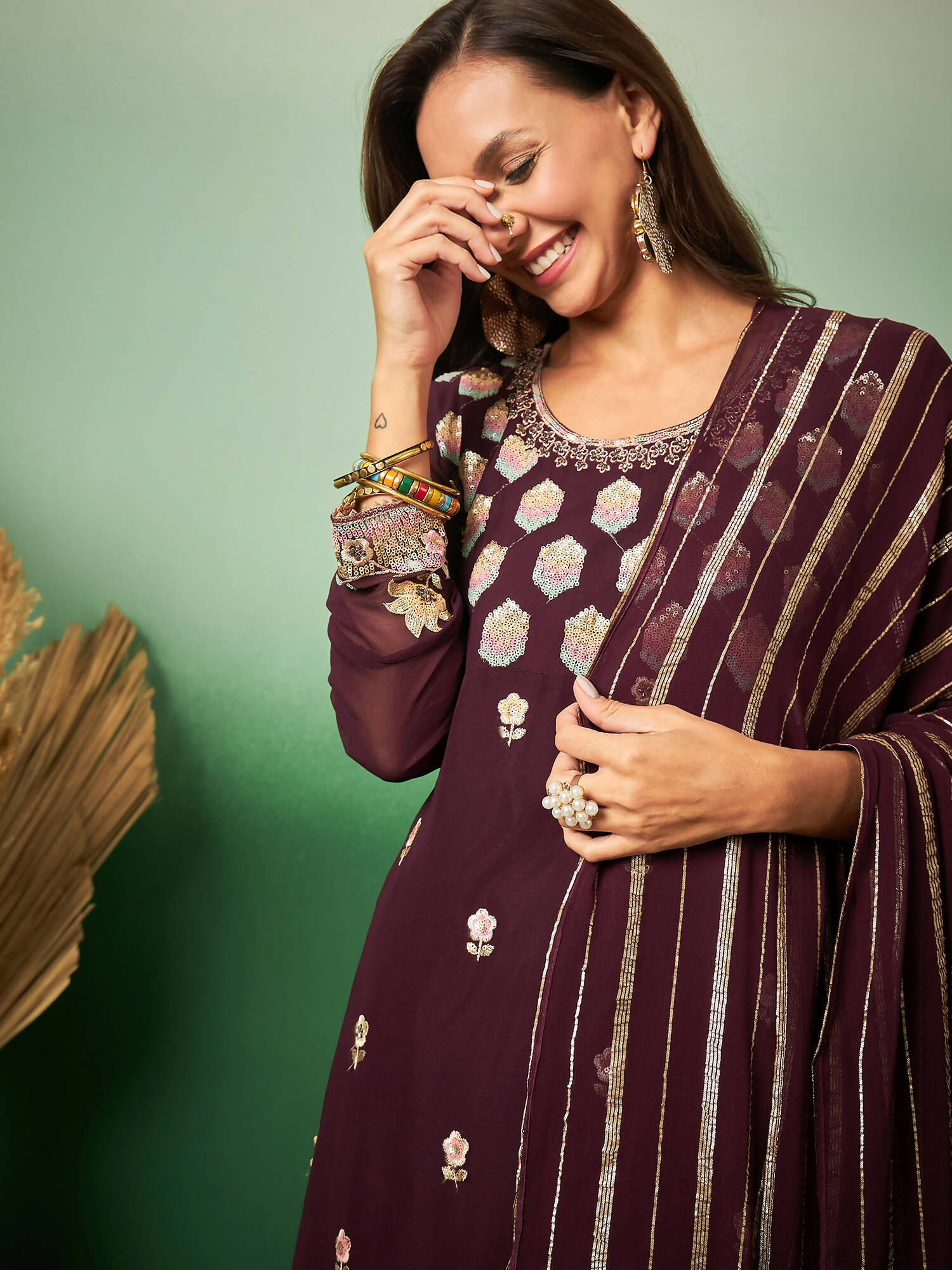 Wine Georgette Handwork Unstitched Dress Material - Hanika | Swadesiicart
