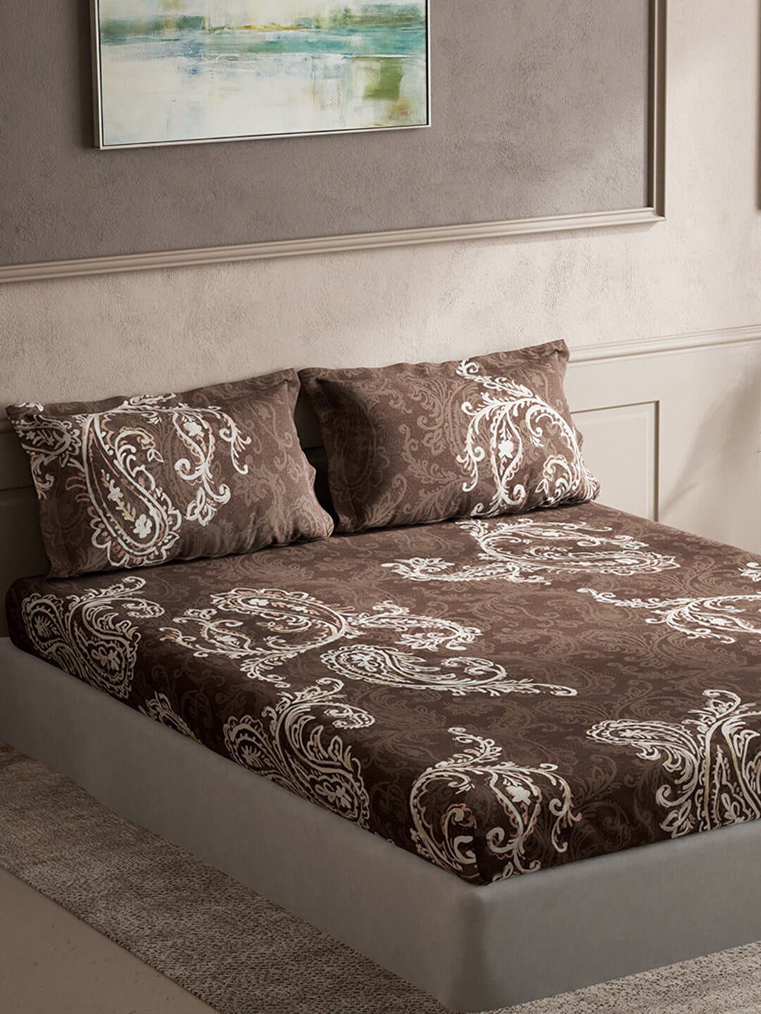 DDecor Brown & White Ethnic Motifs Cotton 140 TC King Bedsheet With 2 Pillow Covers - Swadesiicart