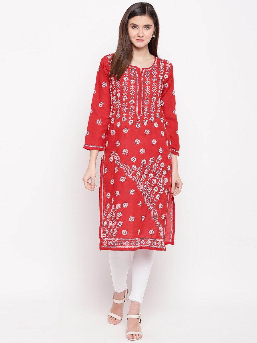 ADA Women Red & White Chikankari Hand Embroidered Straight Sustainable Kurta | Swadesiicart