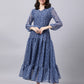 Souchii Blue Ethnic Motifs Printed Chiffon Maxi Tiered Dress - SOUCHII