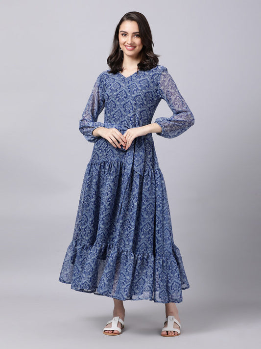 Souchii Blue Ethnic Motifs Printed Chiffon Maxi Tiered Dress - SOUCHII