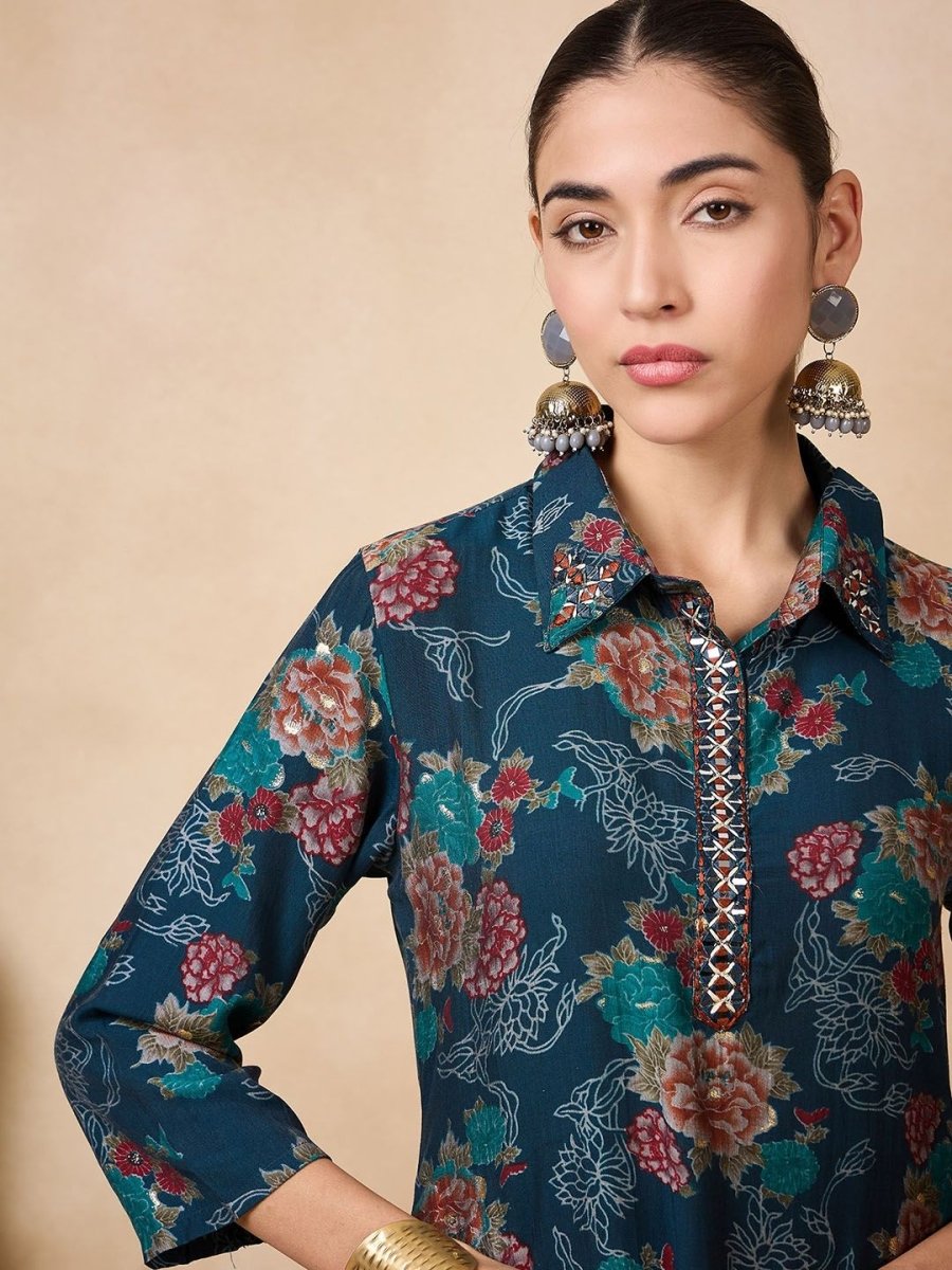 Anouk Floral Printed Mirror Work Straight Kurta - Swadesiicart