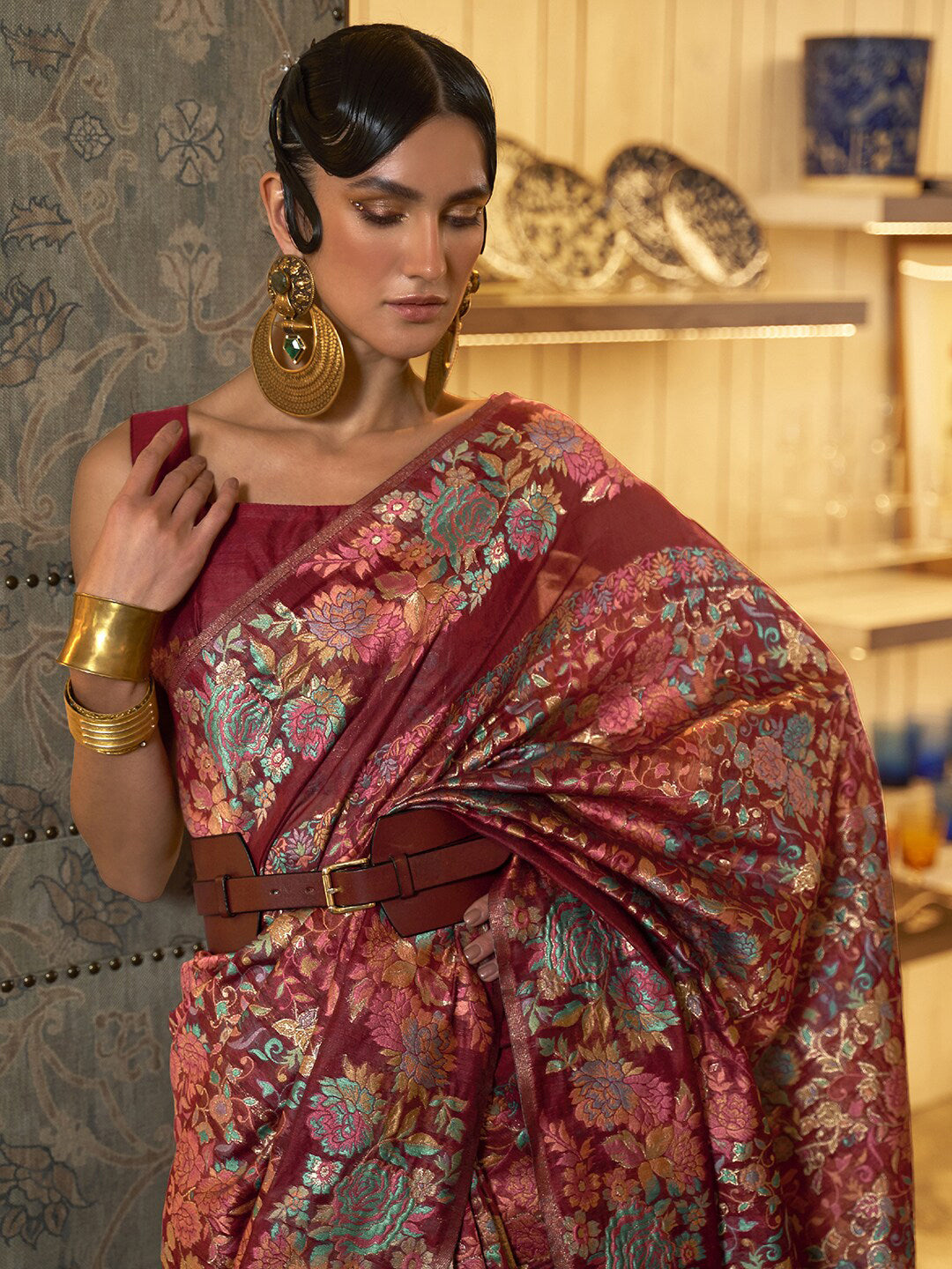 Mitera Maroon & Blue Floral Zari Banarasi Saree | Swadesiicart