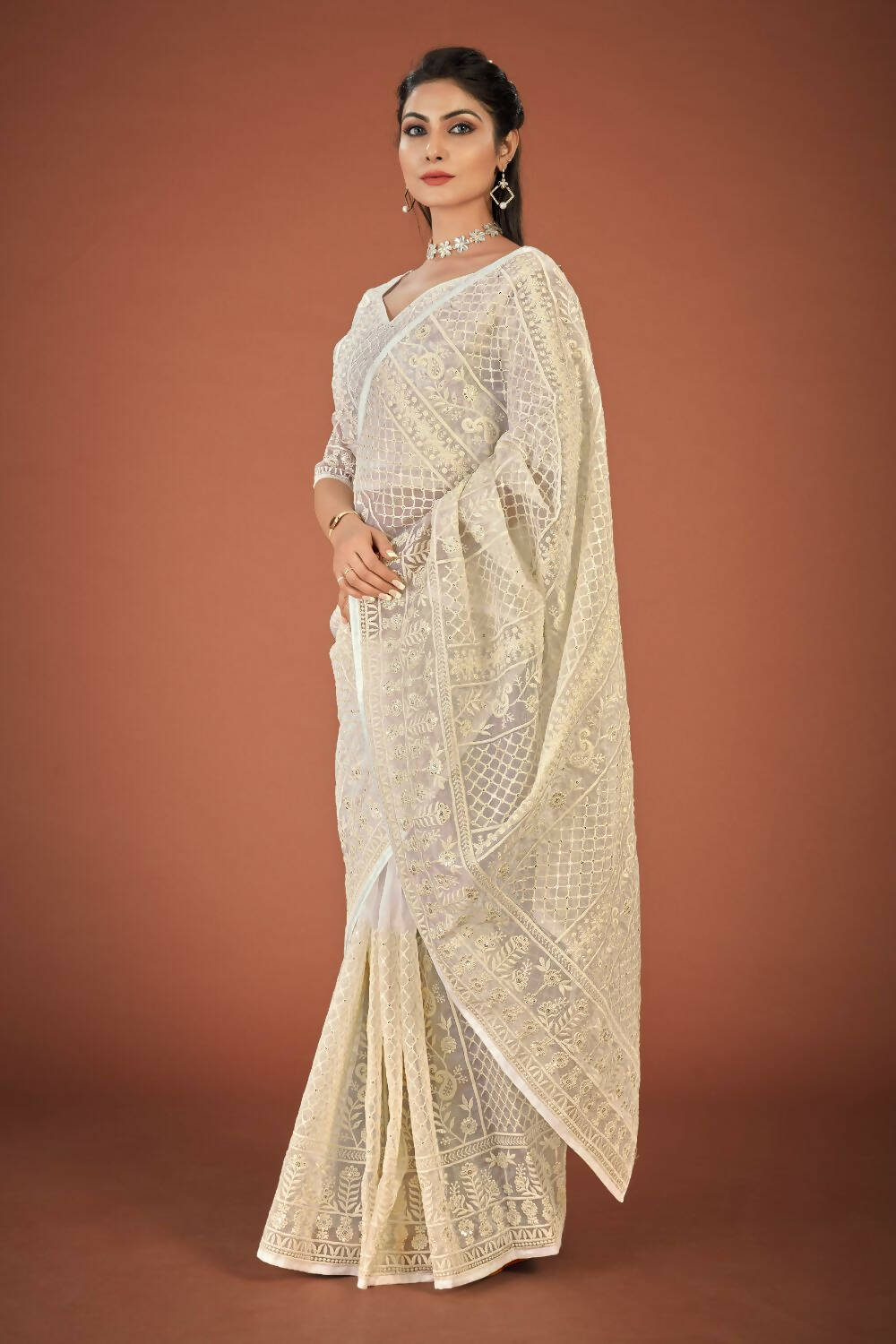 Vamsee White Organza Saree - Swadesiicart