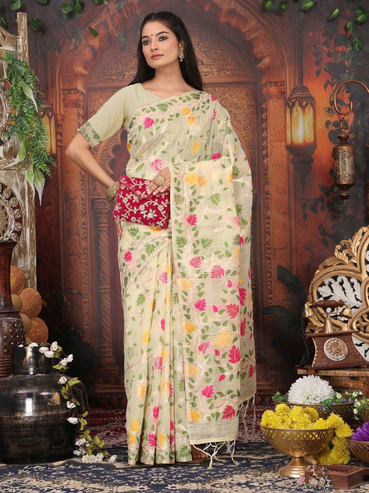 Shree Shyam Fashion Linen Cotton Cream Saree
