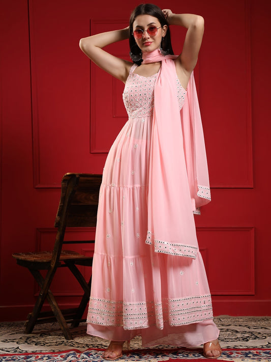 Kalini Women Pink Floral Embroidered Pleated Mirror Work Kurta with Sharara & With Dupatta | Swadesiicart