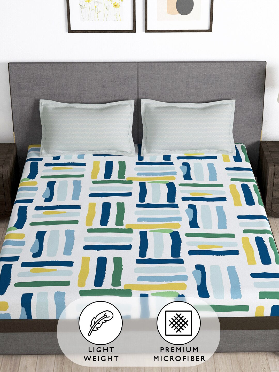 Story@home Arena White & Blue Geometric Printed 180 TC Queen Bedsheet & 2 Pillow Covers - Swadesiicart