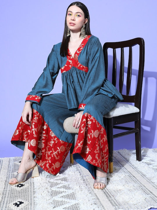 InWeave Women's Teal Red Brocade Mughal Shaan Kurta Palazzo Set - Swadesiicart