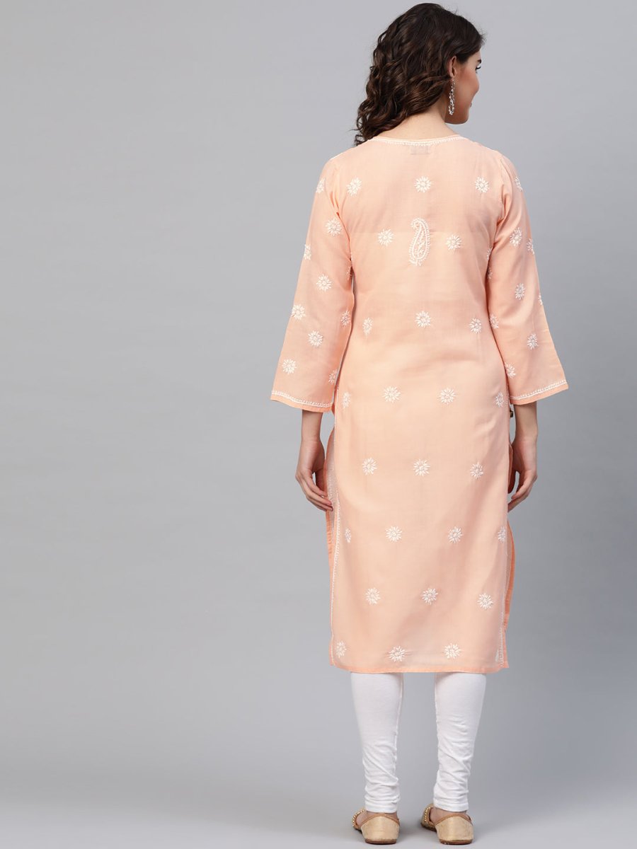 ADA Women Peach-Coloured & White Chikankari Embroidered Cotton Straight Sustainable Kurta | Swadesiicart