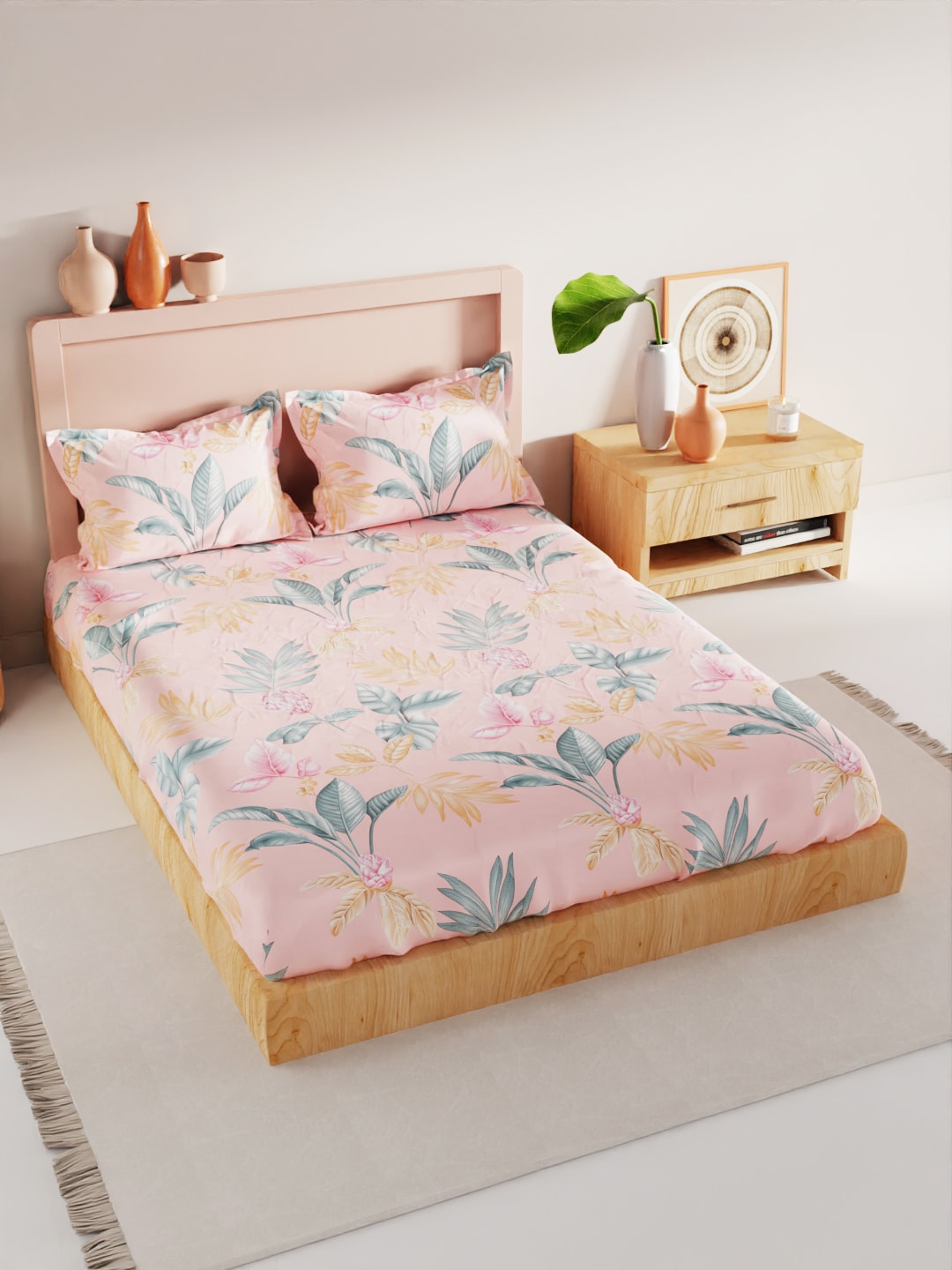 BIANCA Coral & Orange Floral 186 TC King Bedsheet with 2 Pillow Covers - Swadesiicart