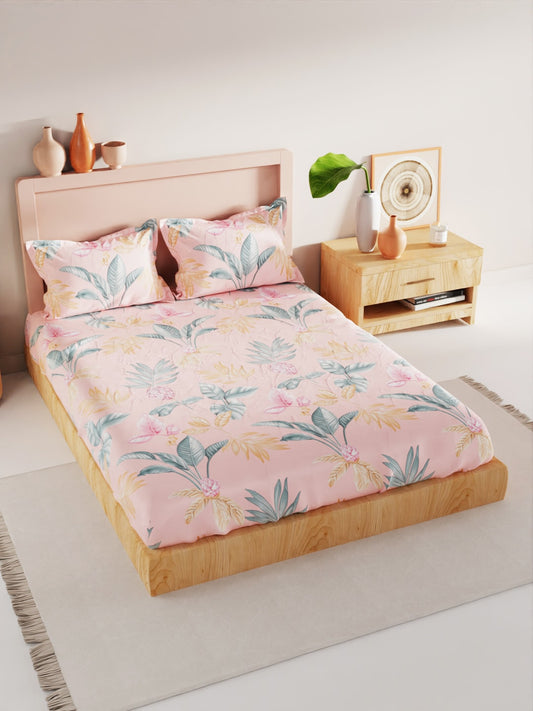 BIANCA Coral & Orange Floral 186 TC King Bedsheet with 2 Pillow Covers - Swadesiicart
