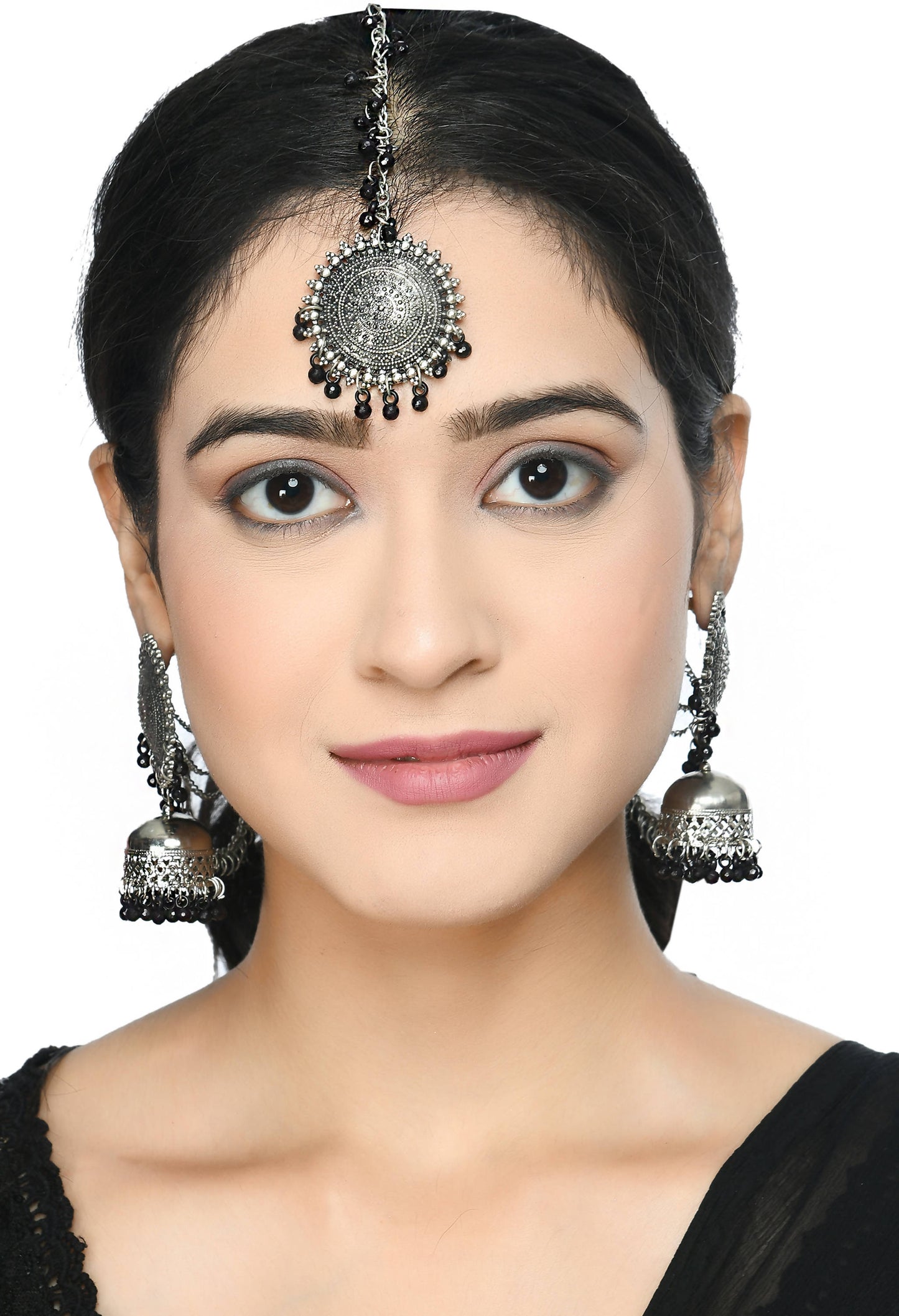 Mominos Fashion Johar Kamal Bahubali Black Beads Earrings With Tikka - Swadesiicart