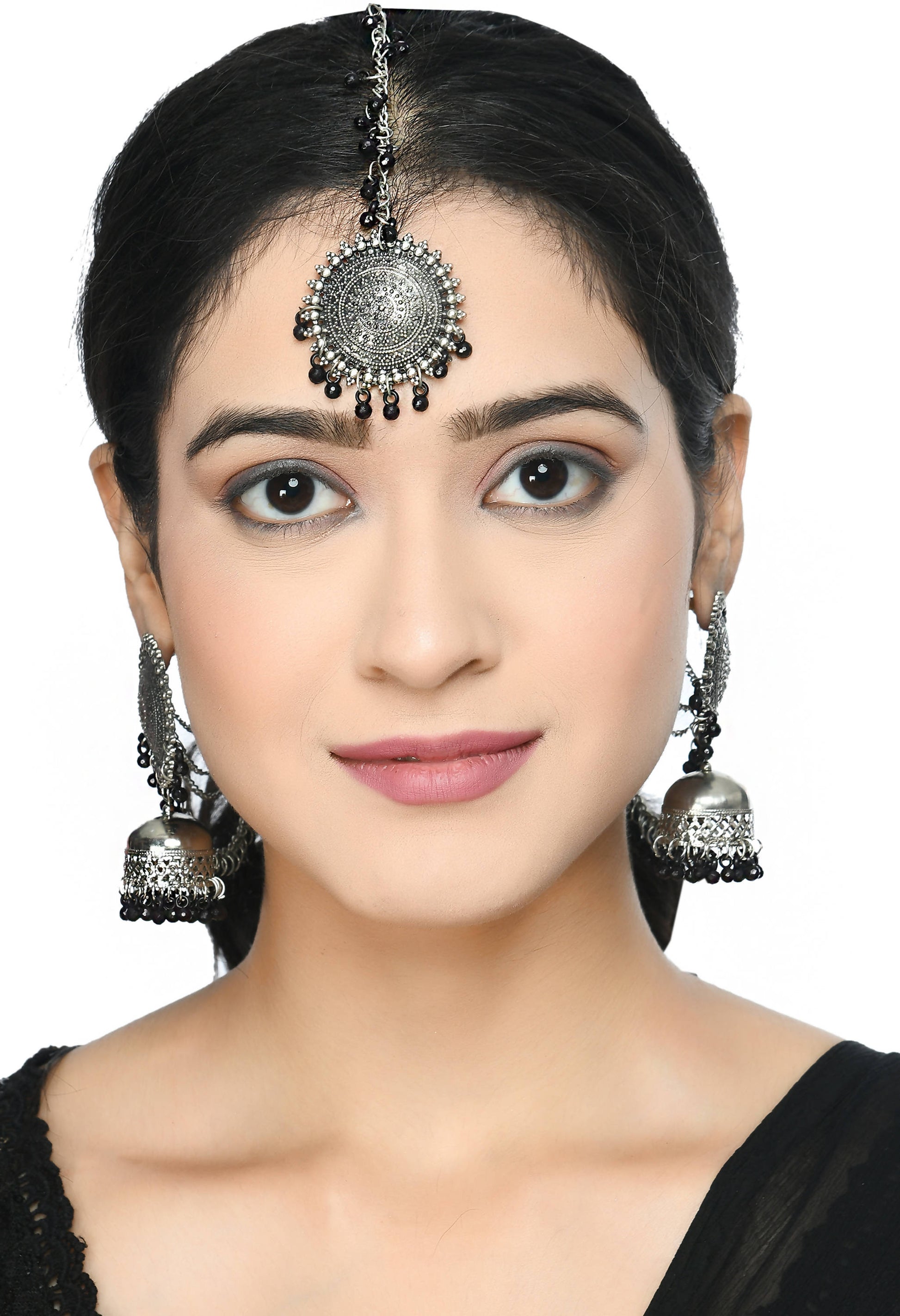 Mominos Fashion Johar Kamal Bahubali Black Beads Earrings With Tikka - Swadesiicart