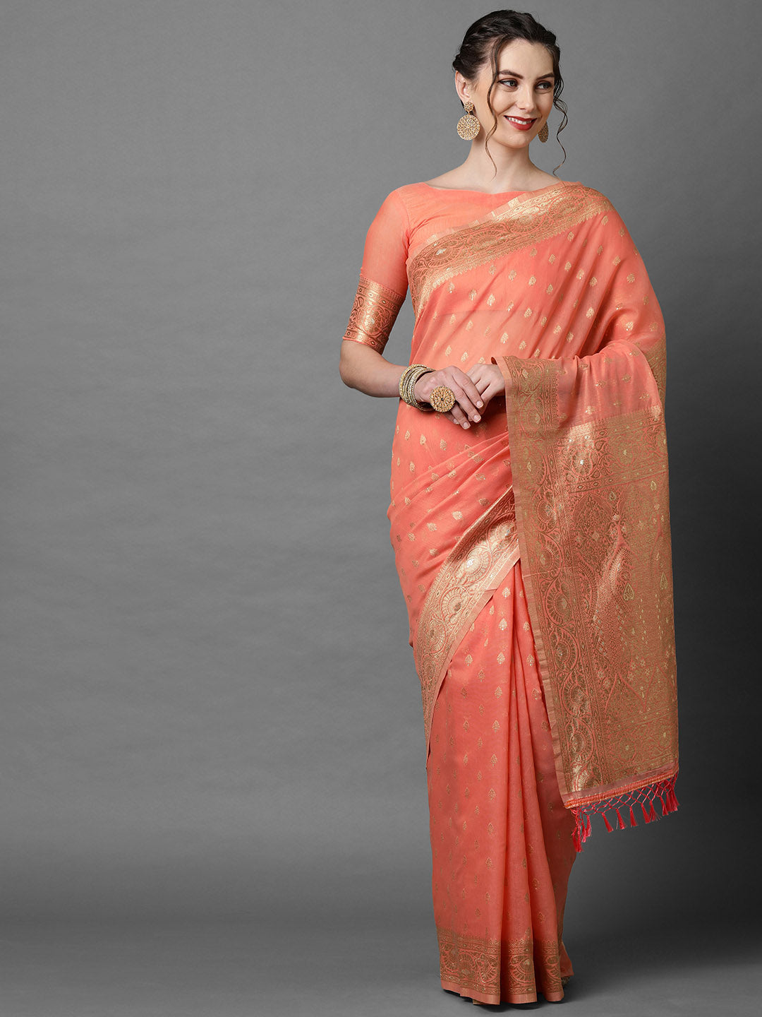 Mitera Peach-Coloured & Gold Floral Woven Design Silk Blend Banarasi Saree | Swadesiicart