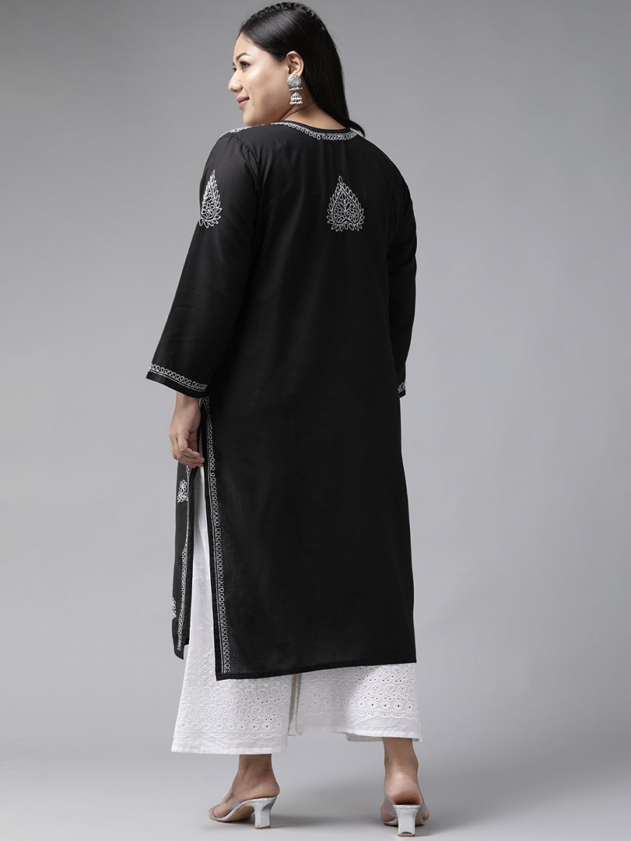 ADA Women Plus Size Black & White Chikankari Hand Embroidered Sustainable Straight Kurta | Swadesiicart