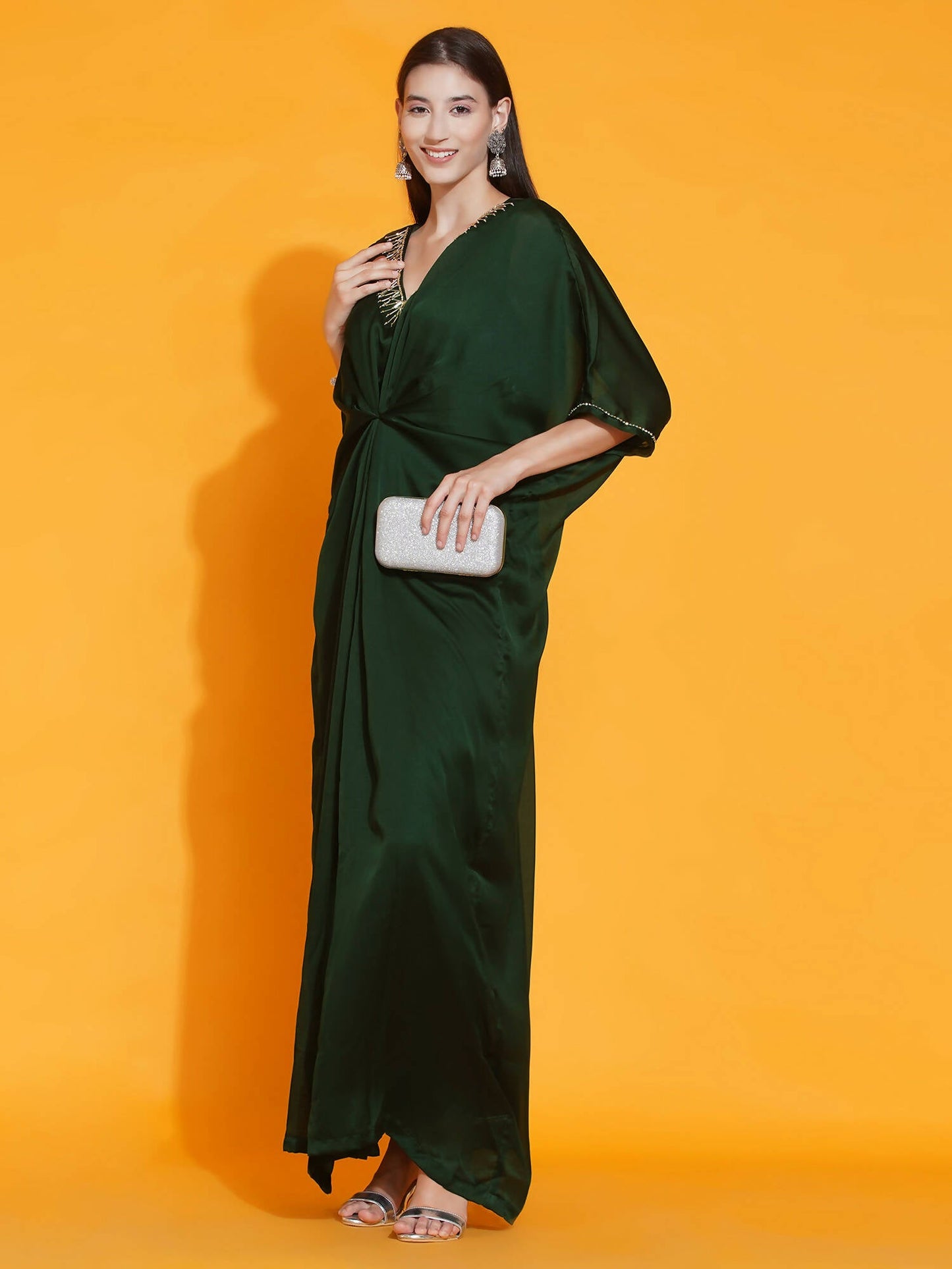 Women Republic Green Georgette Hand Embellished Kaftan Style Gown | Swadesiicart