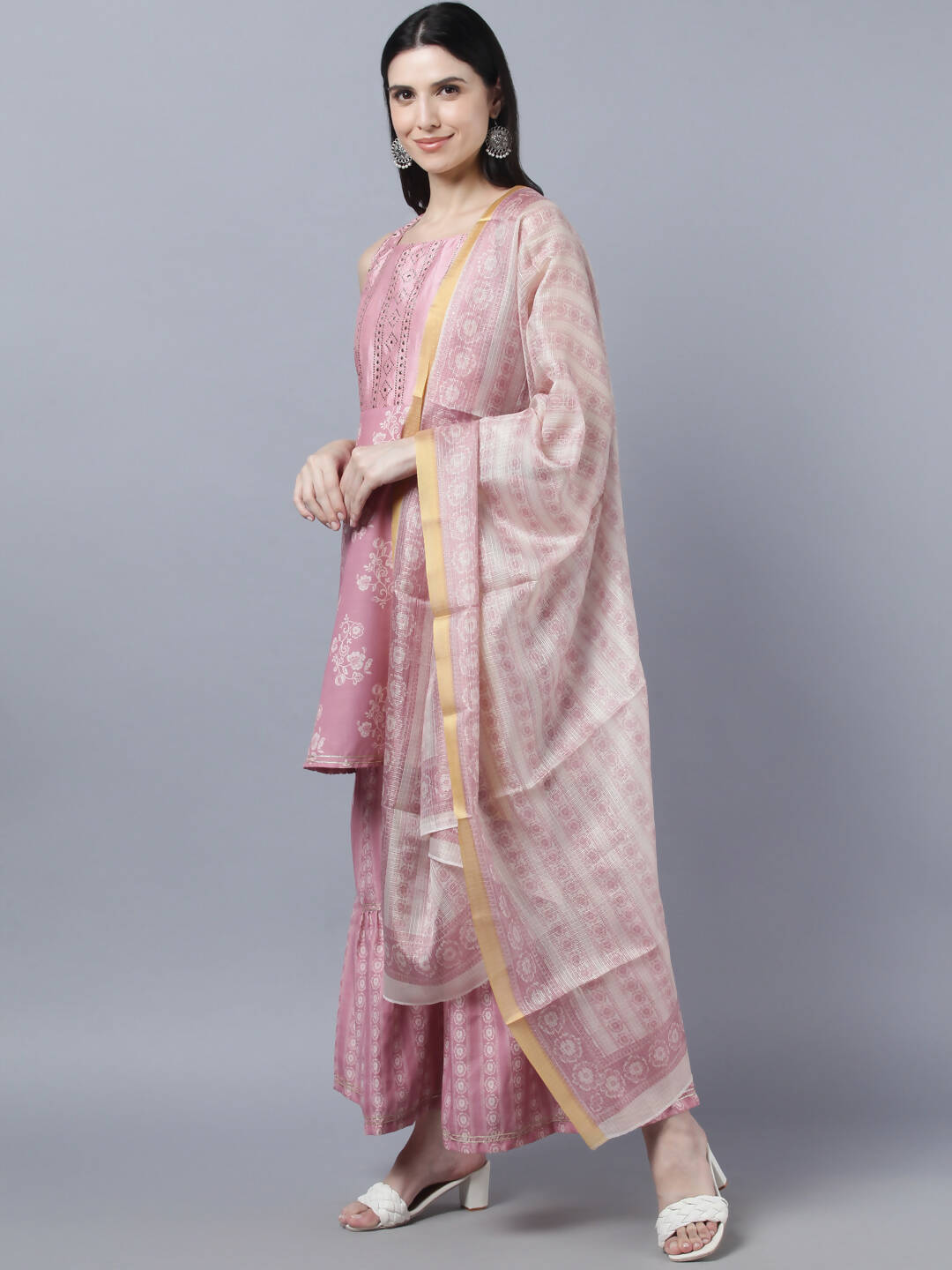 Myshka Women Peach-Coloured White Floral Printed Kurta with Sharara With Dupatta Set | Swadesiicart