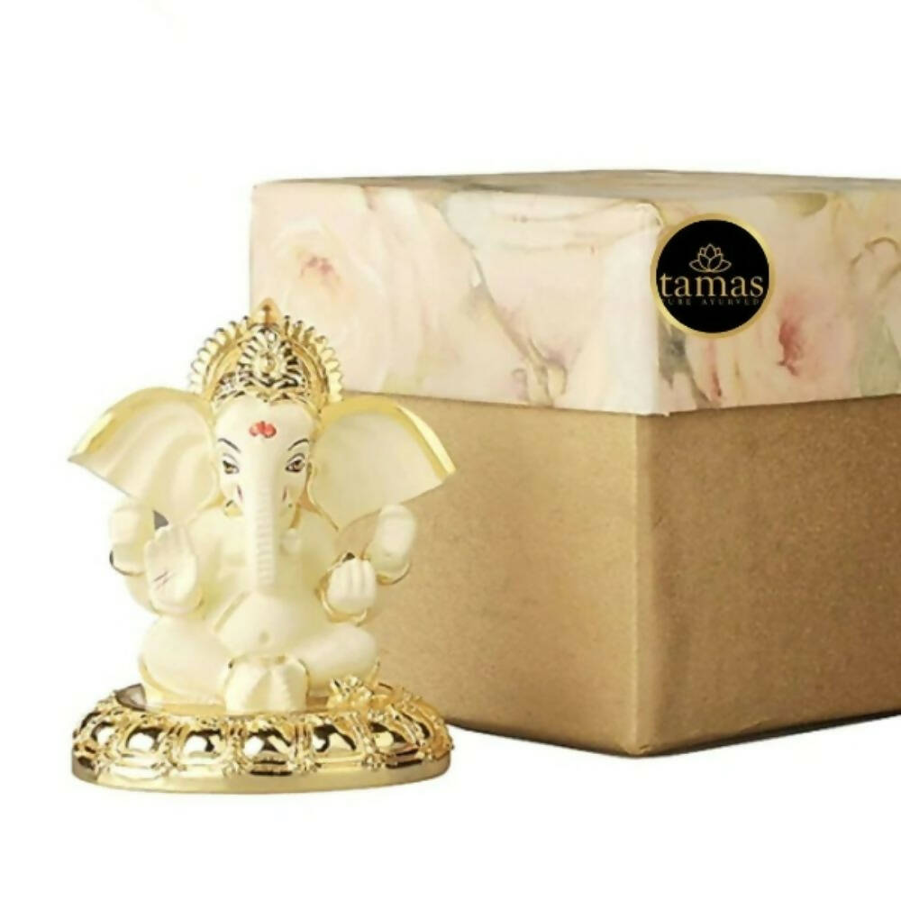 Tamas Gaj Karna Ganesh Idol | Off White & Gold | Brass Pooja Decor - Swadesiicart