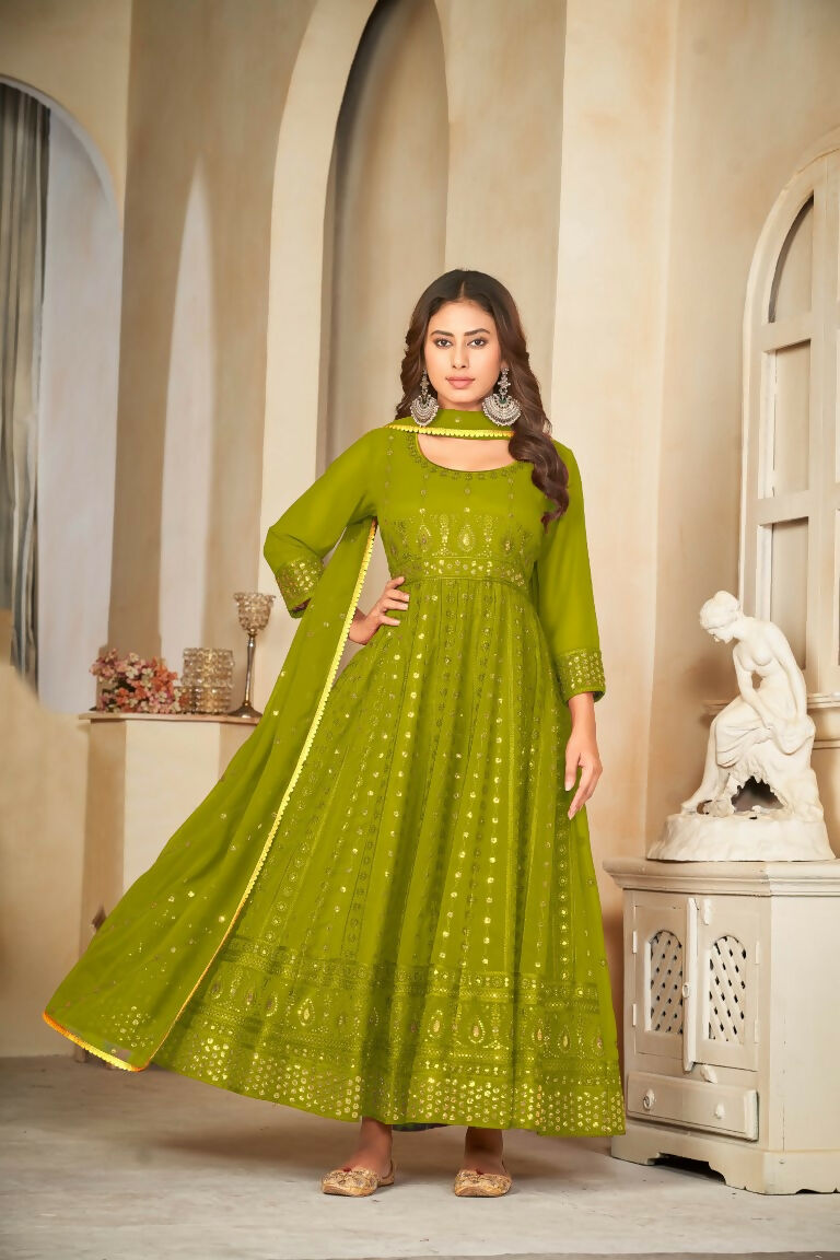 Jyoti Fashion Women's Mehendi Georgette Embroidered Anarkali Kurta Pant Set With Dupatta | Swadesiicart