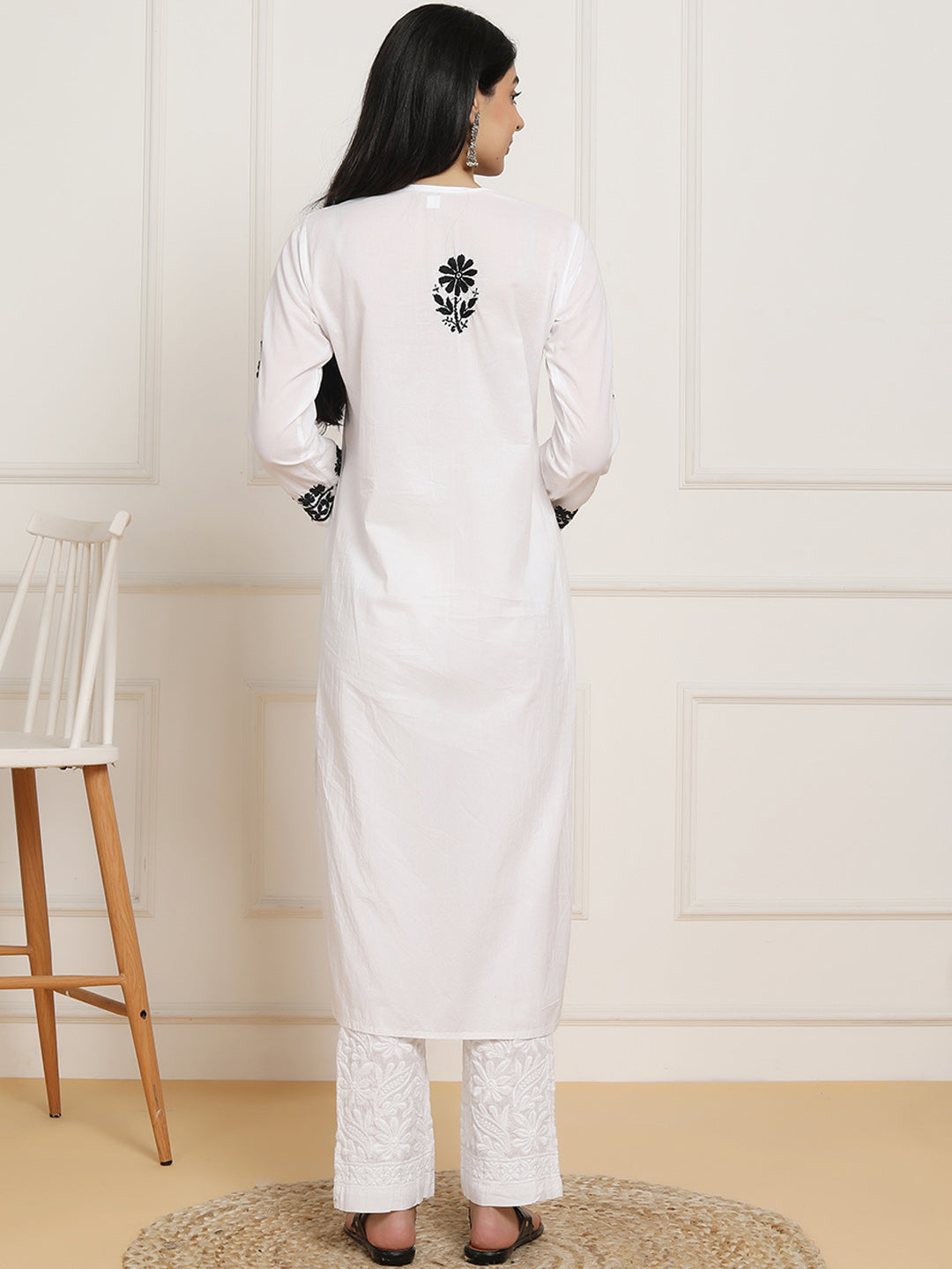 HOUSE OF KARI Women Ethnic Motifs Embroidered Regular Chikankari Pure Cotton Kurta with Trousers | Swadesiicart