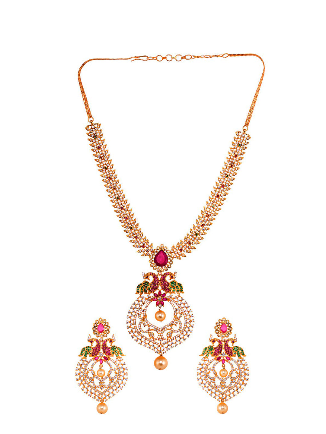 Saraf RS Jewellery Gold-Polished Green & Pink American Diamond Studded & Beaded Handcrafted Jewellery Set - Swadesiicart