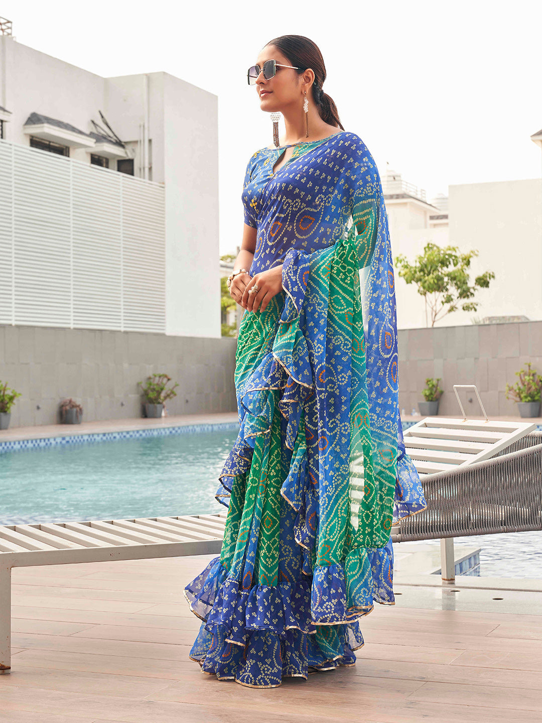 Tikhi Imli Bandhani Gotta Patti Georgette Saree | Swadesiicart