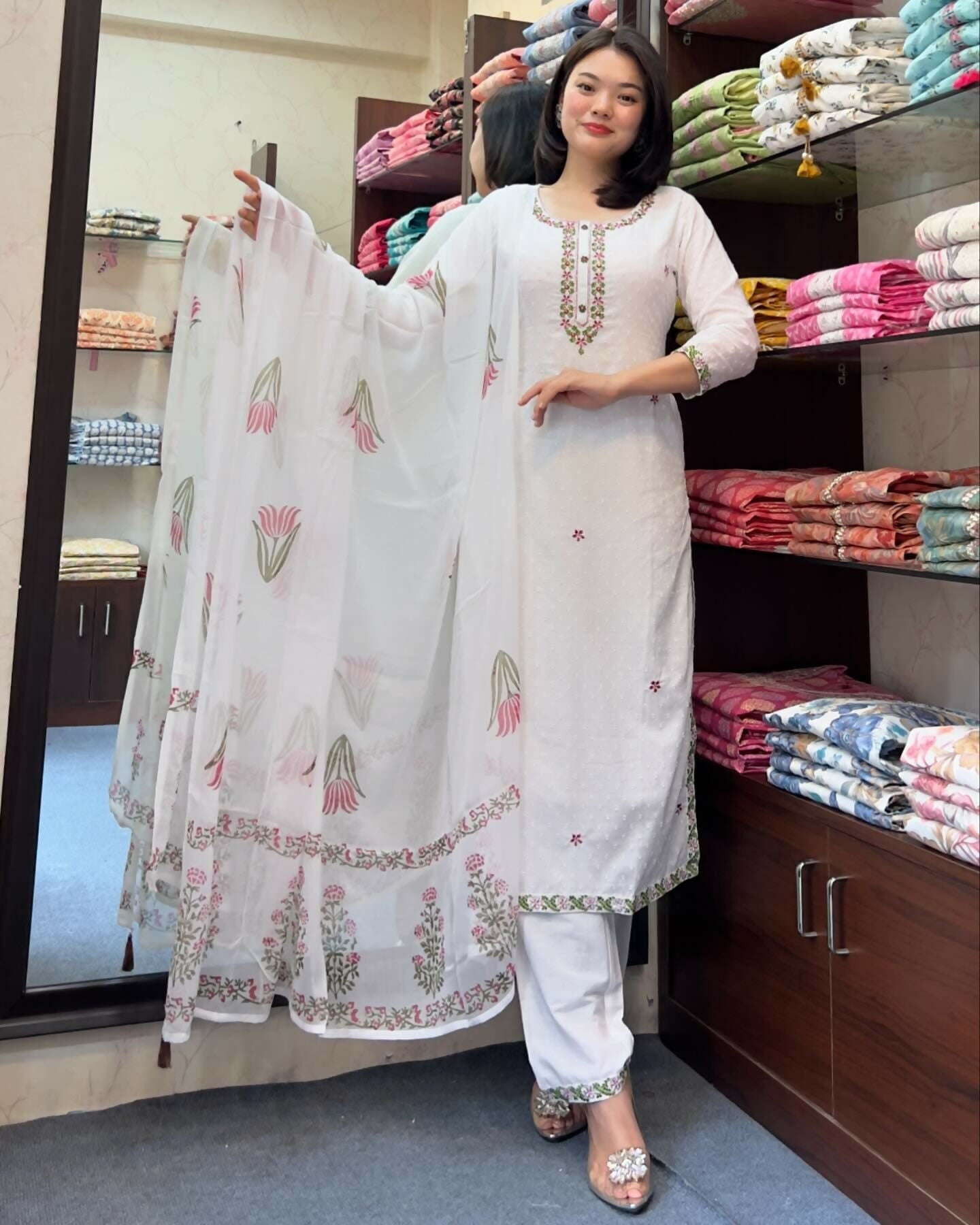 The52 White Women's Gorgeous Georgette Butti Fabric Embroidered Work Straight Kurta Pant and Dupatta Set - Swadesiicart