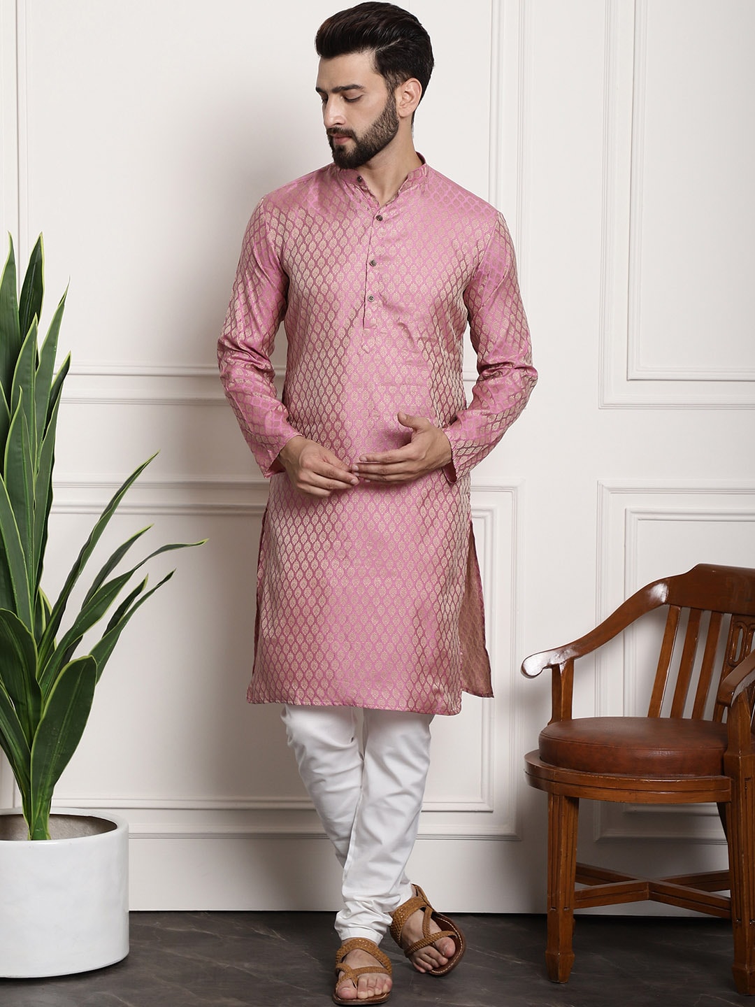 Sojanya Men Pink & Off-White Woven Design Kurta with Churidar | Swadesiicart