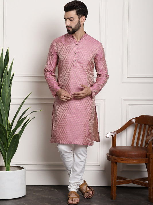 Sojanya Men Pink & Off-White Woven Design Kurta with Churidar | Swadesiicart