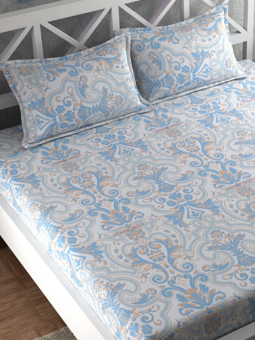 CHHAVI INDIA Blue & White Ethnic Motifs 210 TC King Bedsheet with 2 Pillow Covers - Swadesiicart