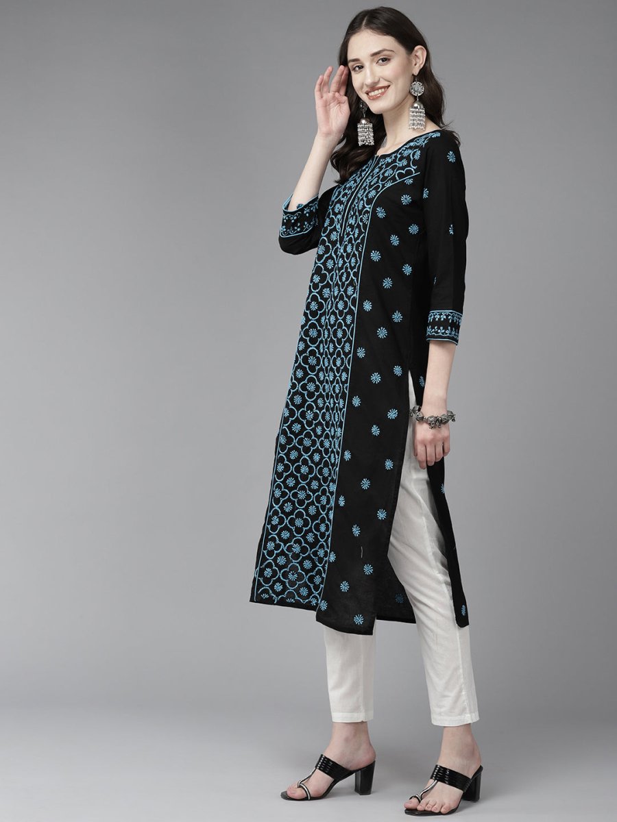 ADA Women Floral Embroidered Cotton Chikankari Kurta | Swadesiicart