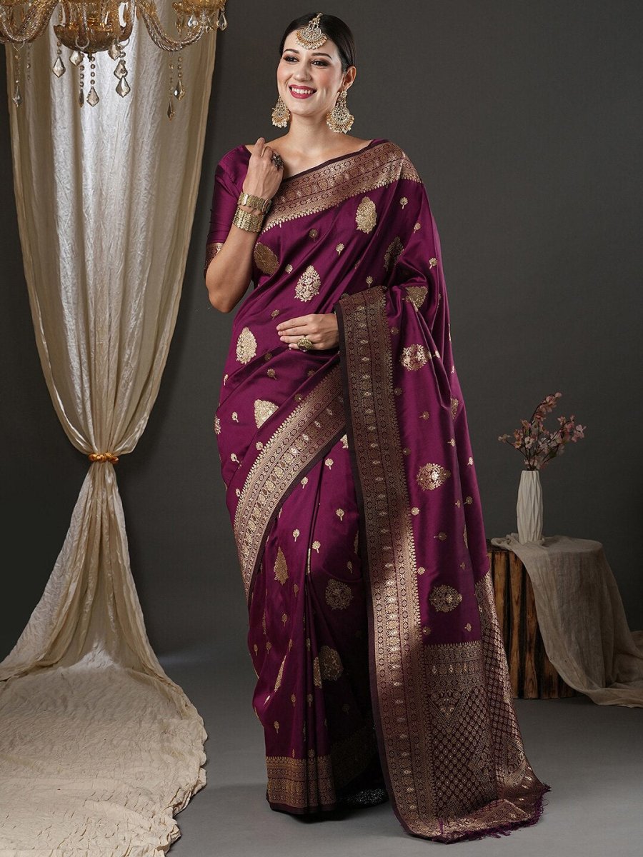 Anouk Purple & Gold-Toned Ethnic Motifs Zari Banarasi Saree | Swadesiicart