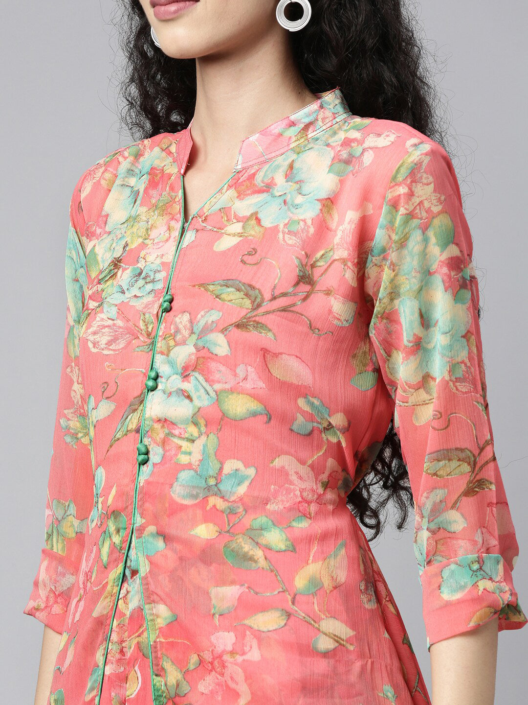 Souchii Women Pink & Green Floral Layered A-Line Midi Dress - Swadesiicart