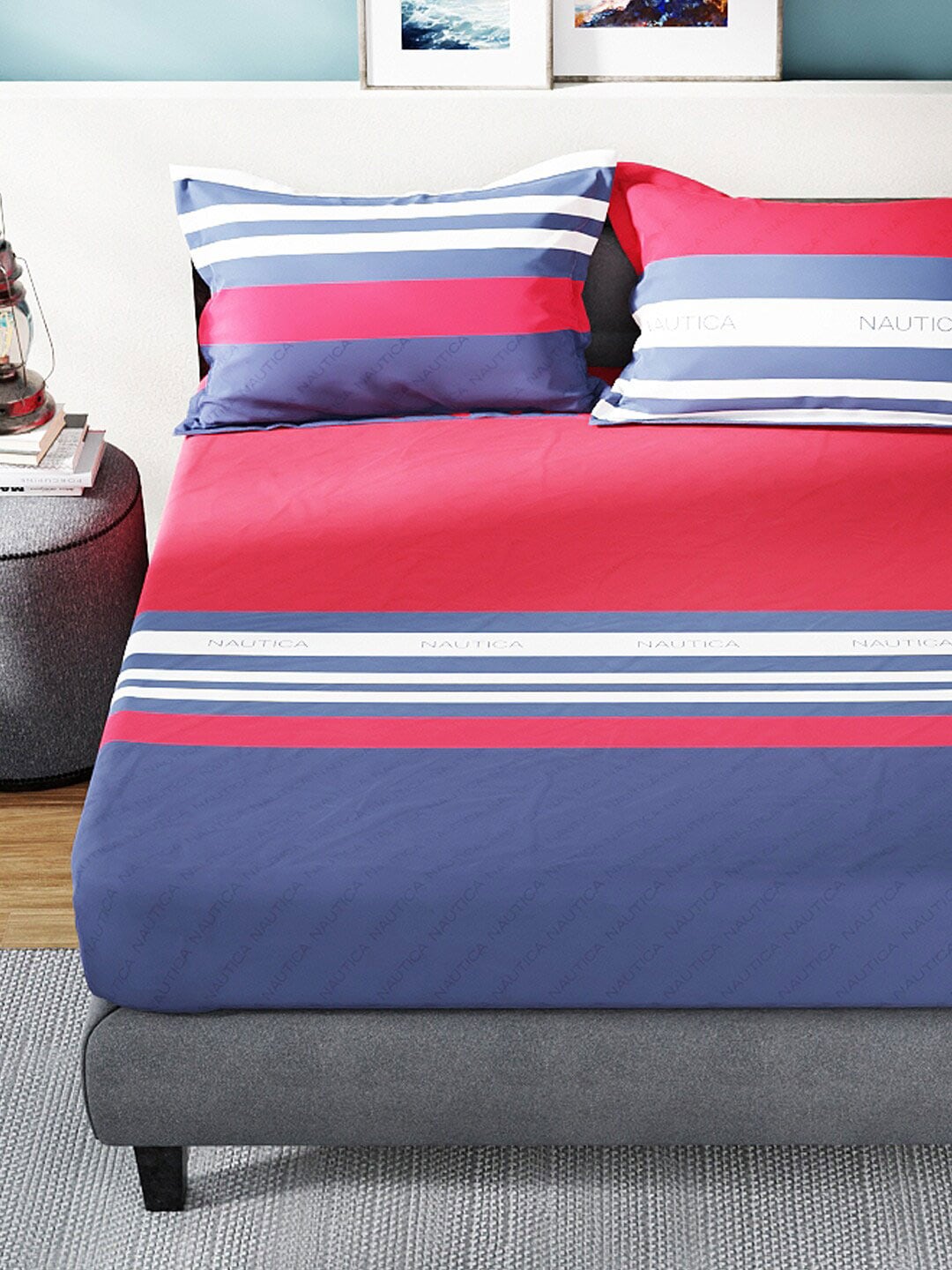 Nautica Bradford Red & Blue Striped 160 TC Pure Cotton King Bedsheet & 2 Pillow Covers - Swadesiicart