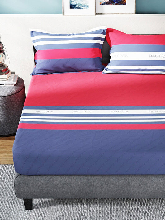 Nautica Bradford Red & Blue Striped 160 TC Pure Cotton King Bedsheet & 2 Pillow Covers - Swadesiicart