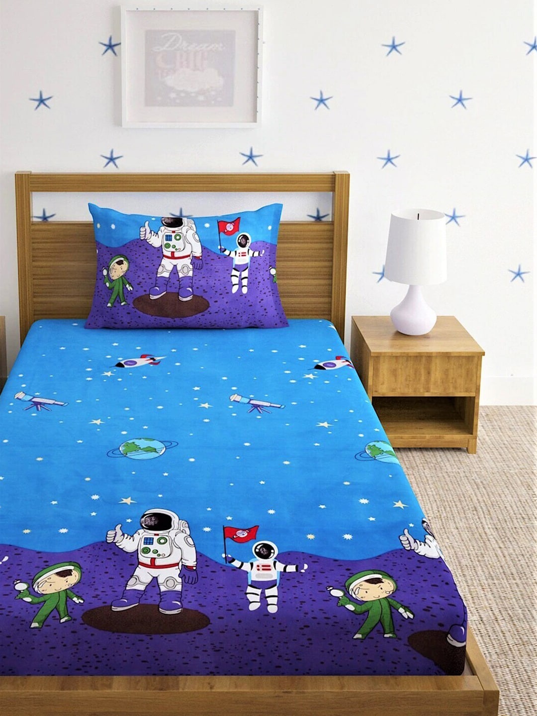 Home Sizzler Blue & White Cartoon Characters 210 TC Single Bedsheet with 1 Pillow Covers - Swadesiicart