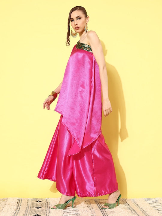 InWeave Women's Pink Green Brocade Satin Oneshoulder Kurta Set - Swadesiicart