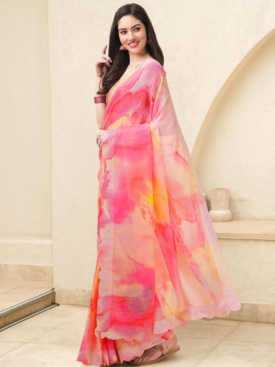 Mitera Tie and Dye Beads and Stones Ready to Wear Saree | Swadesiicart