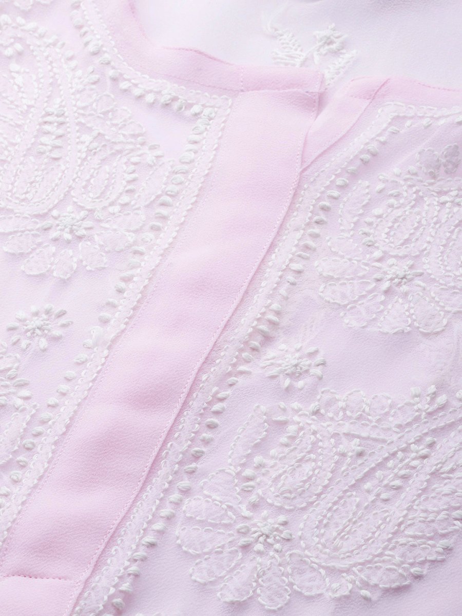ADA Women Pink & White Chikankari Embroidered Handloom Kurta with Trousers | Swadesiicart