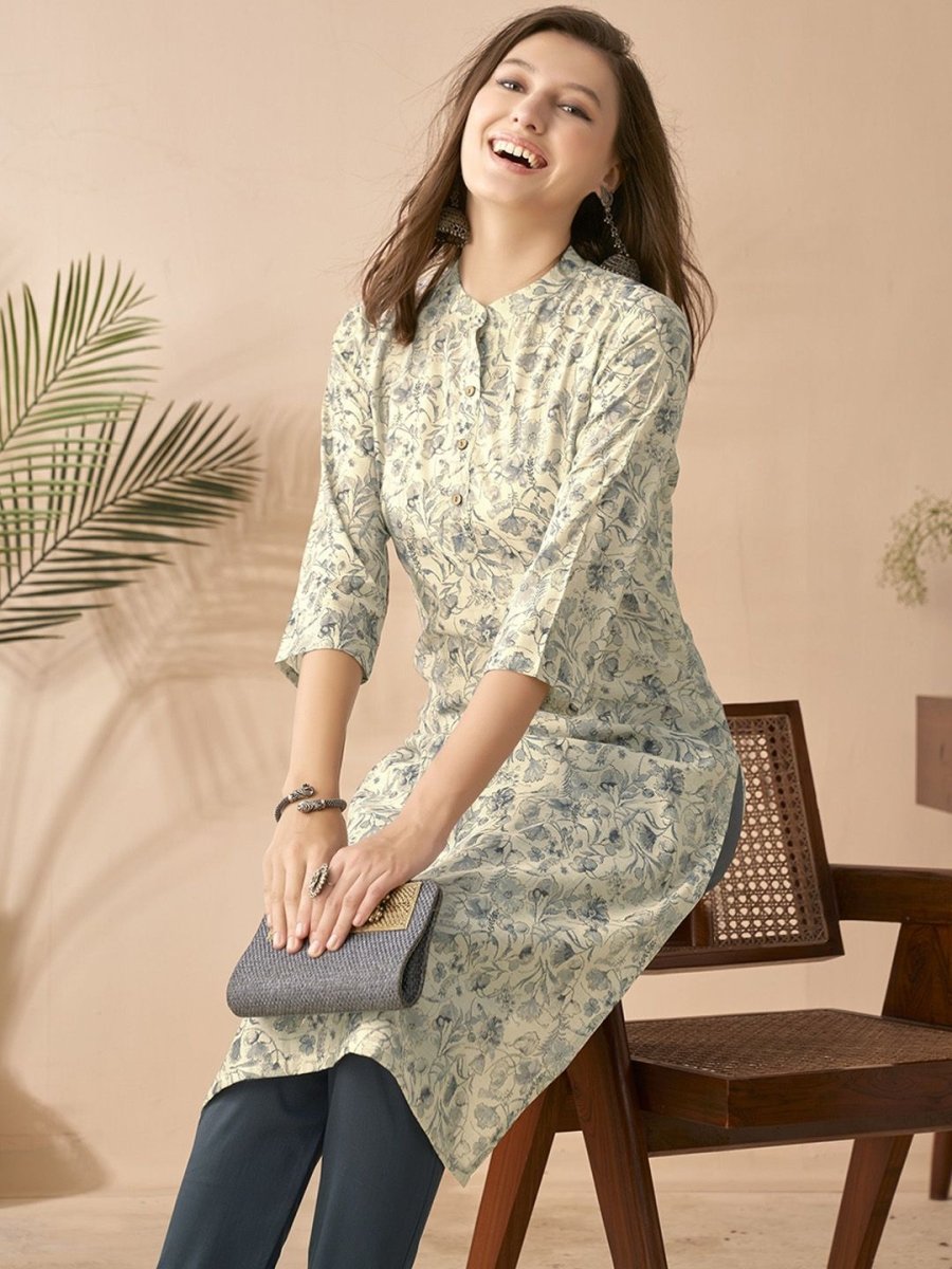 Anouk White & Blue Floral Printed Mandarin Collar Chanderi Silk Straight Kurta - Swadesiicart