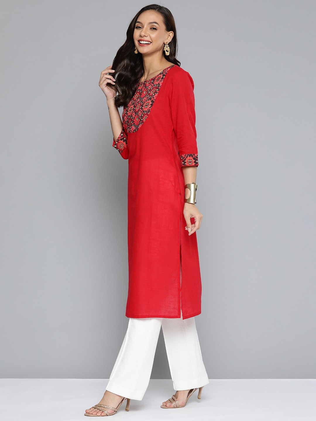 HERE&NOW Women Red & Black Yoke Design Pure Cotton Kurta - Swadesiicart