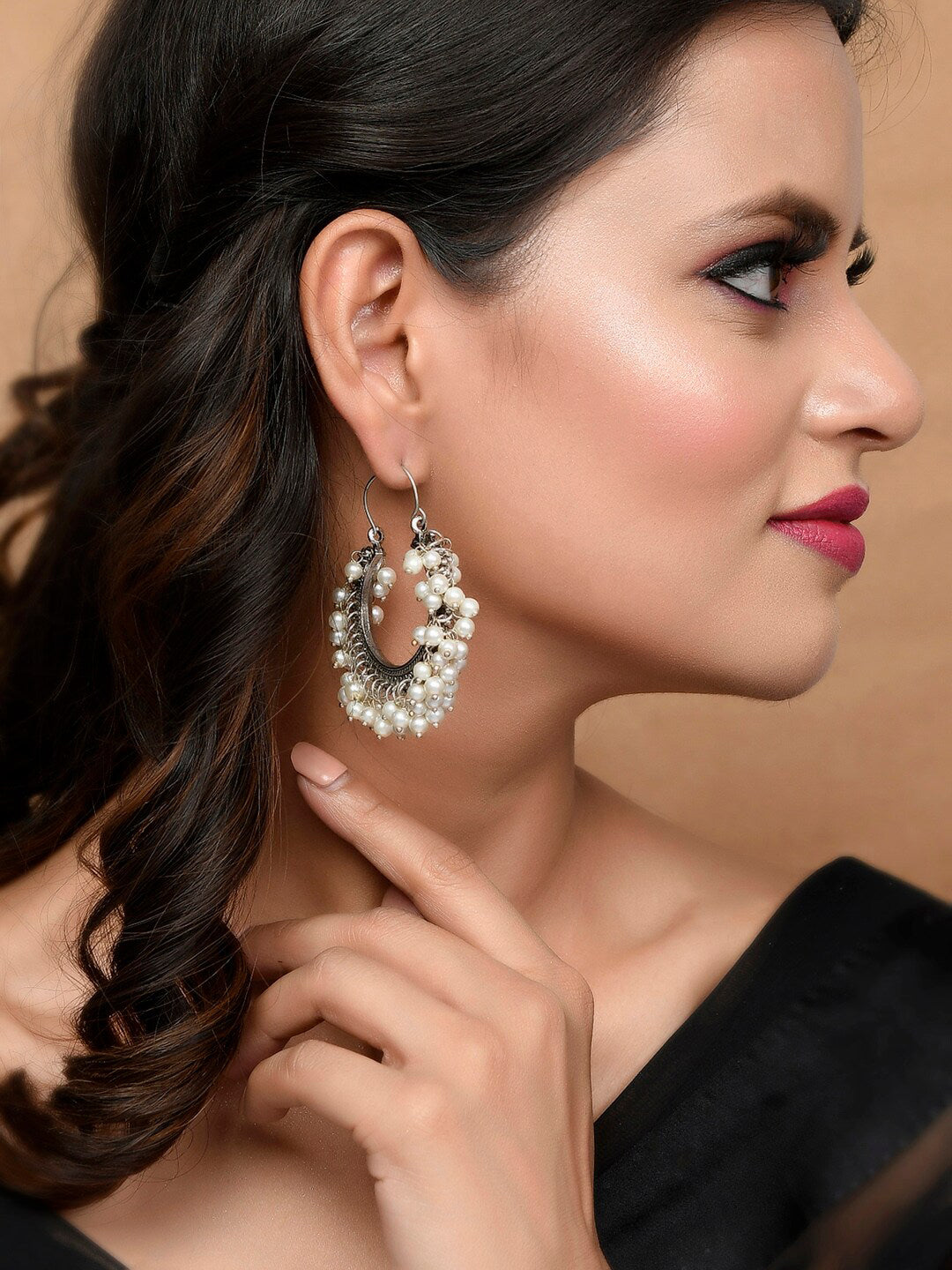 Shoshaa Silver-Toned & White Contemporary Hoop Earrings | Swadesiicart